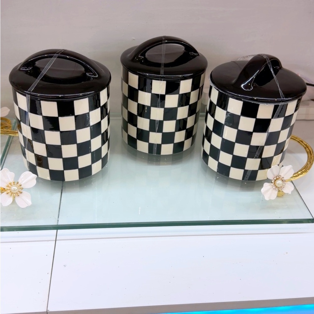 Black & White Checkered Ceramic Canister Set - 3 Pieces
